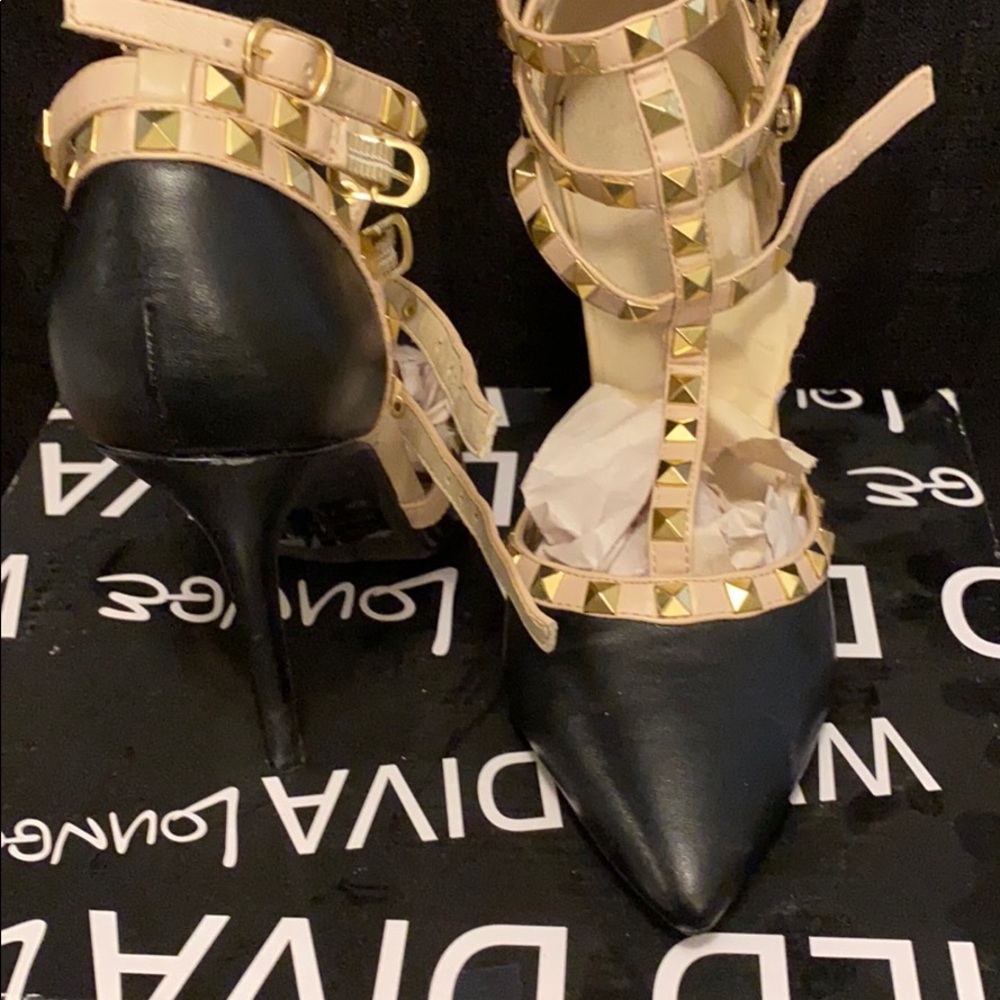 Black and beige with studs high heels